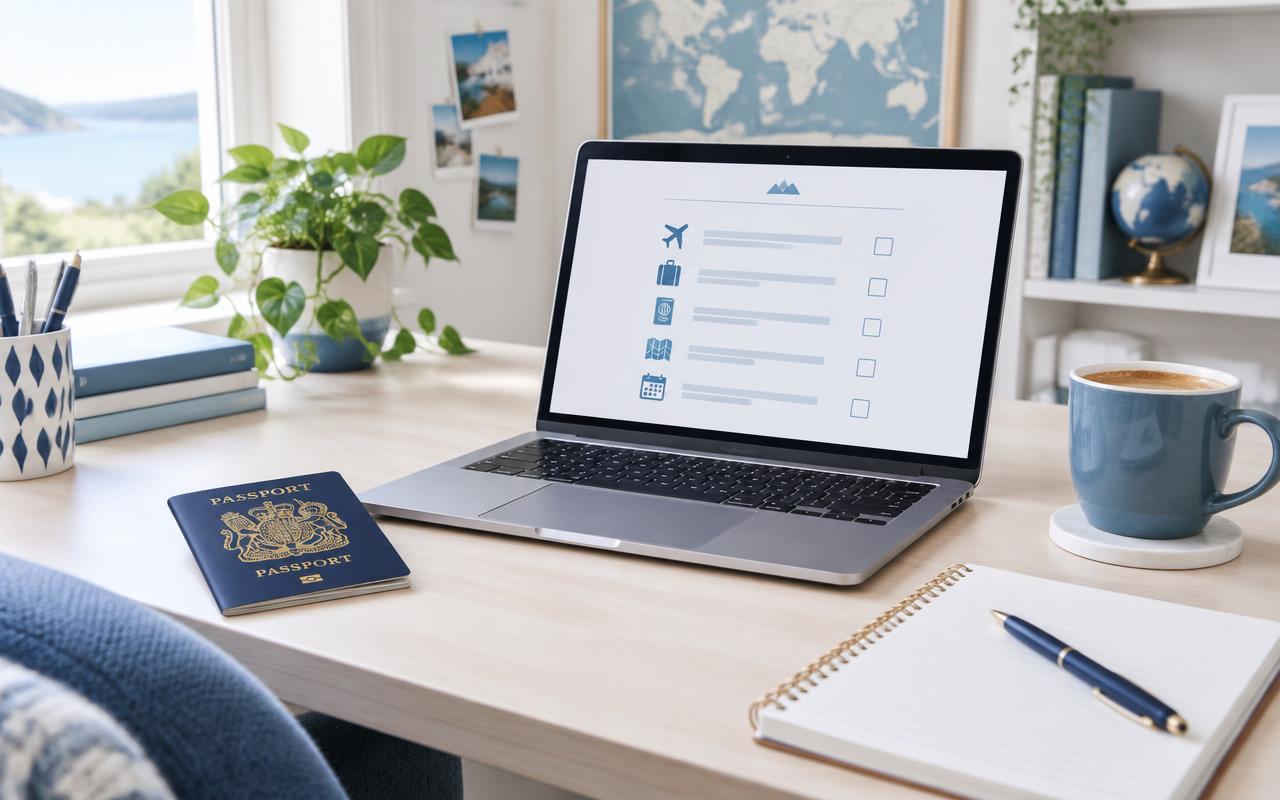 Our workspace with a laptop, notebook and a UK passport
