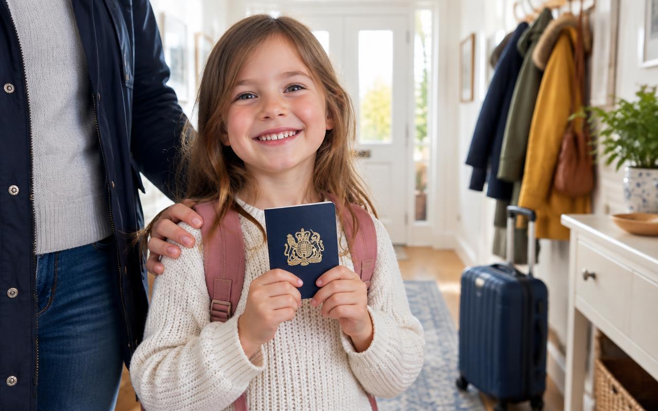 A smiling child holding their first UK passport
