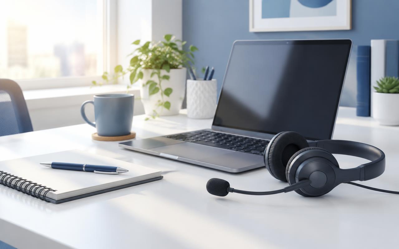 A friendly support desk with a laptop and headset