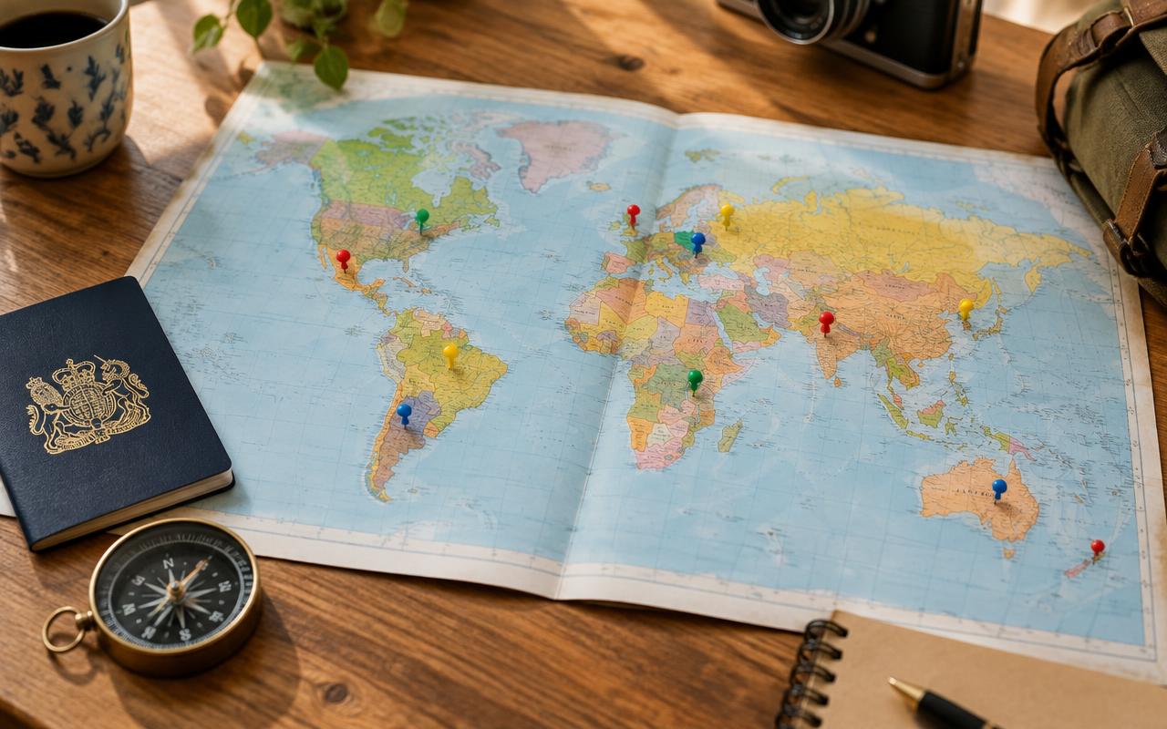 A world map with pins marking popular holiday destinations