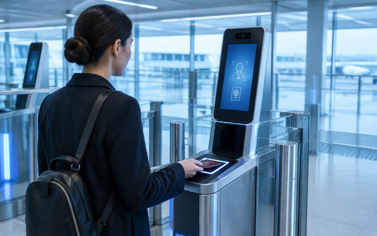 A traveller scanning their passport at an automated EU border e-gate