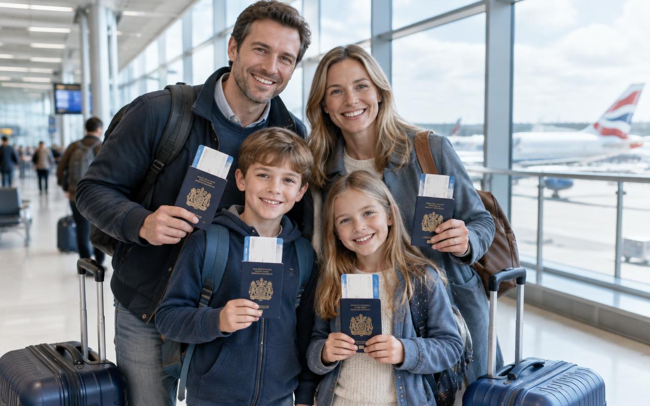 A family at the airport holding their UK passports and boarding passes
