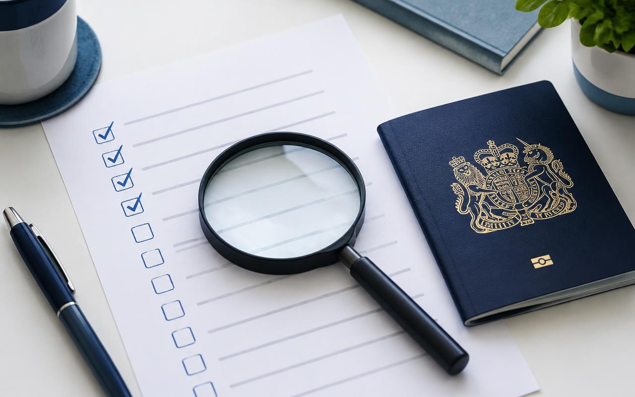A checklist, magnifying glass and UK passport on a desk