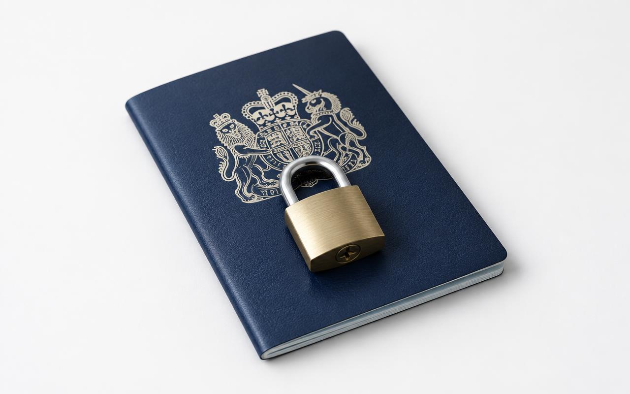 A padlock resting on a closed UK passport
