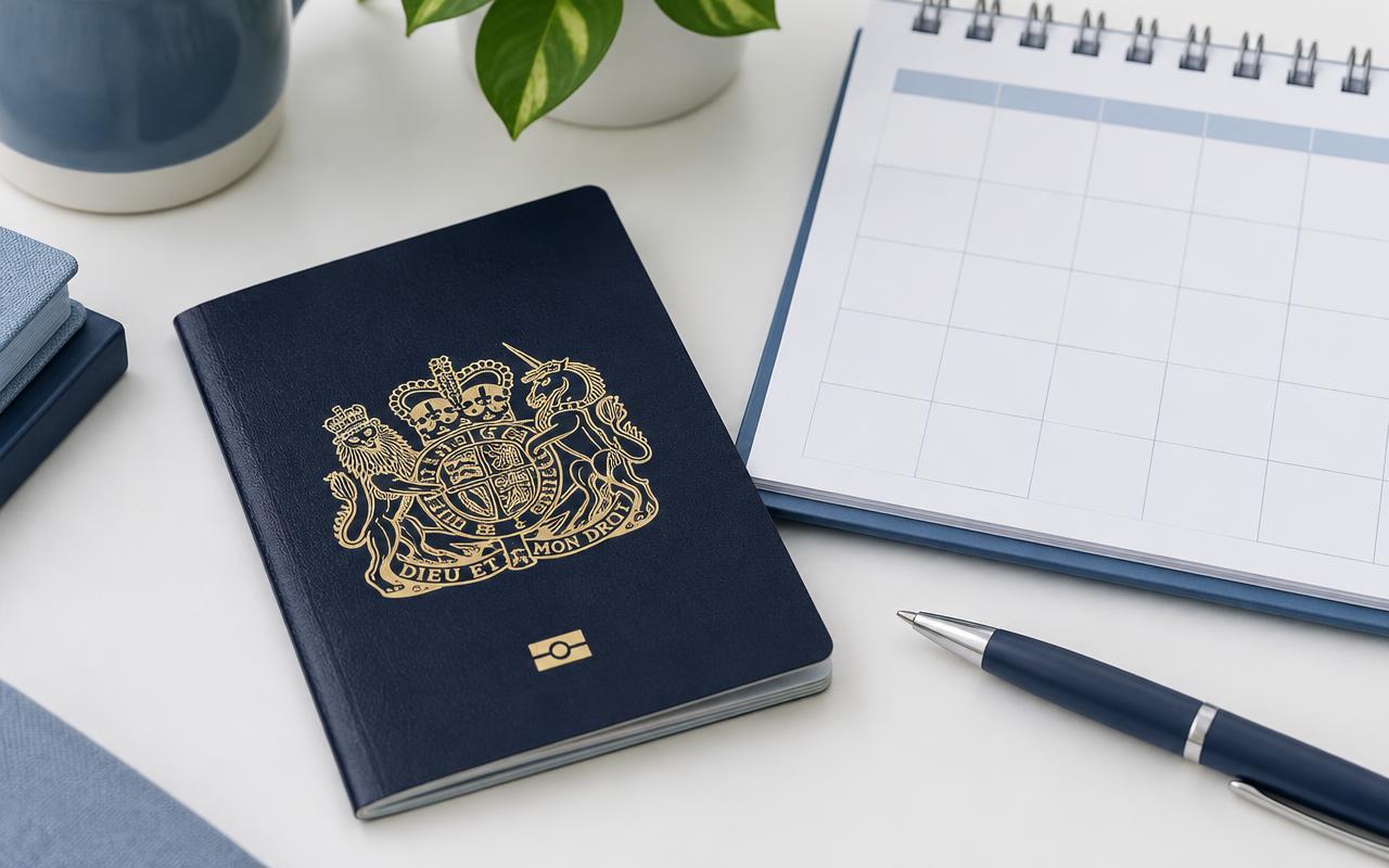A UK passport beside a desk calendar