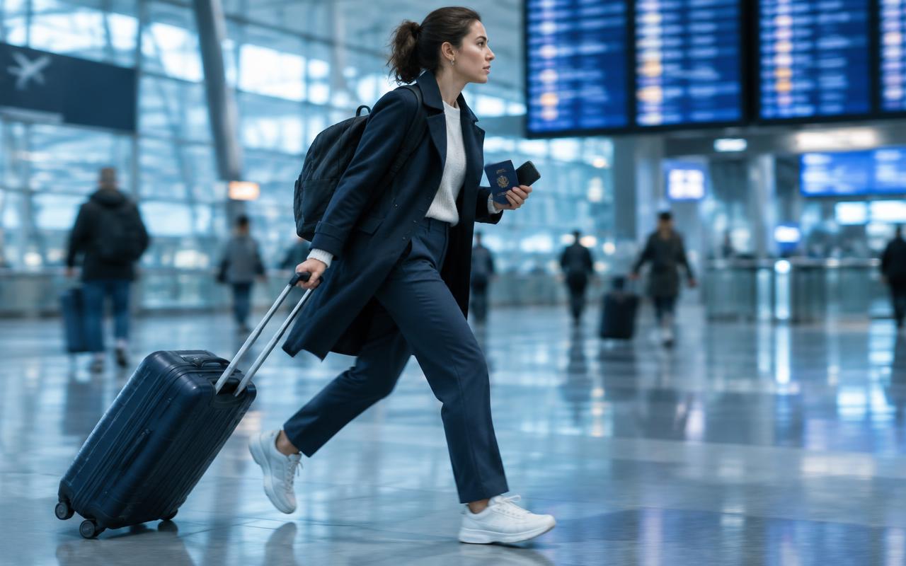 A traveller hurrying through an airport terminal with a passport in hand